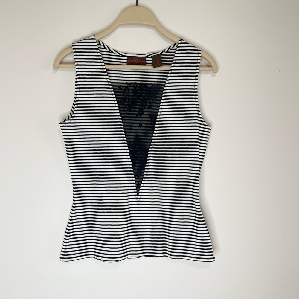 Eddie Rodriguez Womens black and white striped baby tee top with lace detail